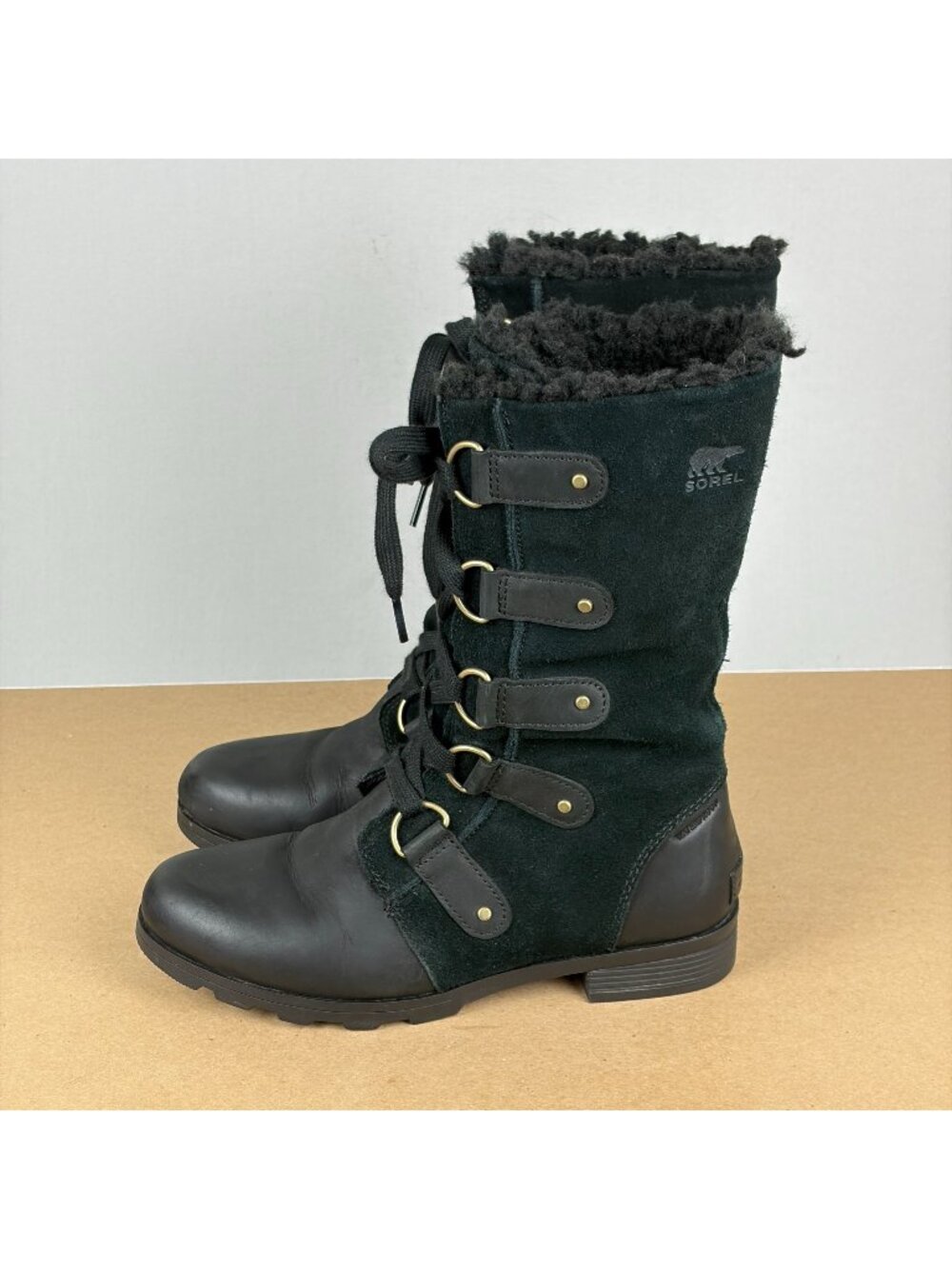 Sorel Emelie Lace Waterproof Boots Womens 8 Black Suede Lace Up Lined Faux Fur